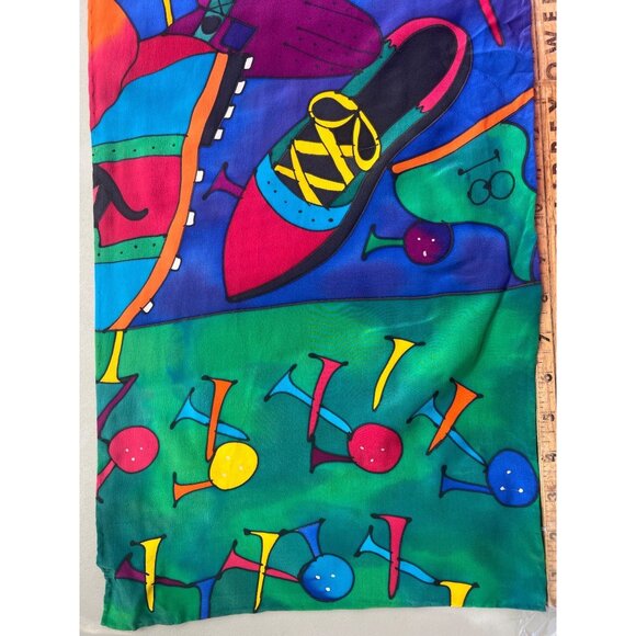90s Silkscapes Hand Painted Rectangle Silk Golf Scarf Light Bright Tee Ball NEW - Picture 1 of 6